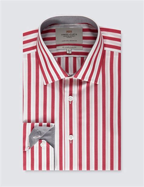Mens Red And White Bold Stripe Slim Fit Dress Shirt With Contrast Detail