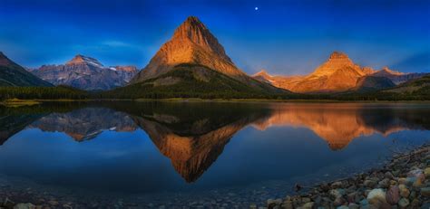 Lake Mountains Reflection Moon Forest Summer Blue Water Stones Glacier