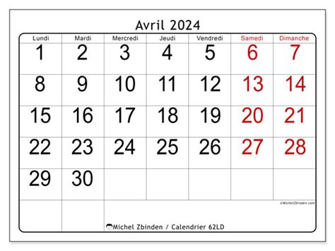 Calendrier Avril 2024 62ld Michel Zbinden Ch