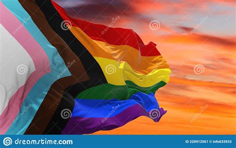 Progress Lgbtq Rainbow Flag Waving In The Wind At Cloudy Sky Freedom