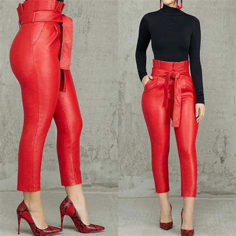 Plus Size Red Faux Leather Pants For Women Trousers Skinny Ankle Length