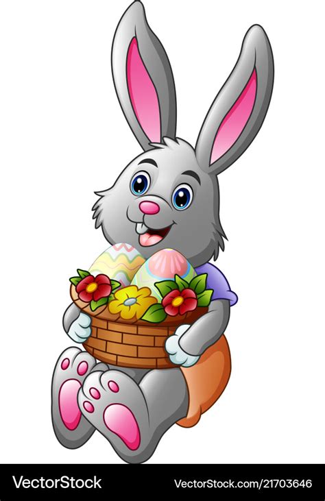 Cartoon Easter Bunny Holding A Basket Full Eggs Vector Image