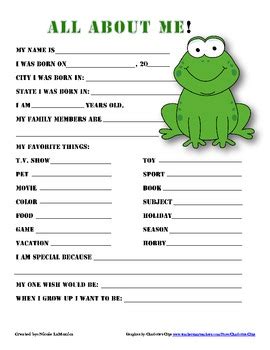 These questions help us determine the appropriate license agreement and fee structure under which you may license data. "All About Me" frog themed student questionnaire by ...
