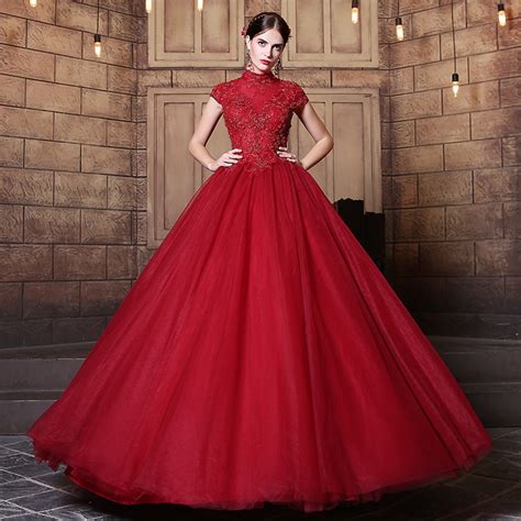 Elegant Vintage Dark Red Wedding Dresses 2017 Ball Gowns Beading Lace