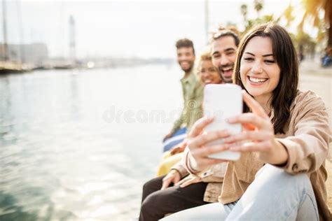 Multi Ethnic Group Of Best Friends Taking Vertical Selfie With Smart Phone Stock Image Image