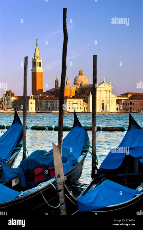 Waiting Gondolas And San Giorgio Maggiore In The Sunset Light Venice