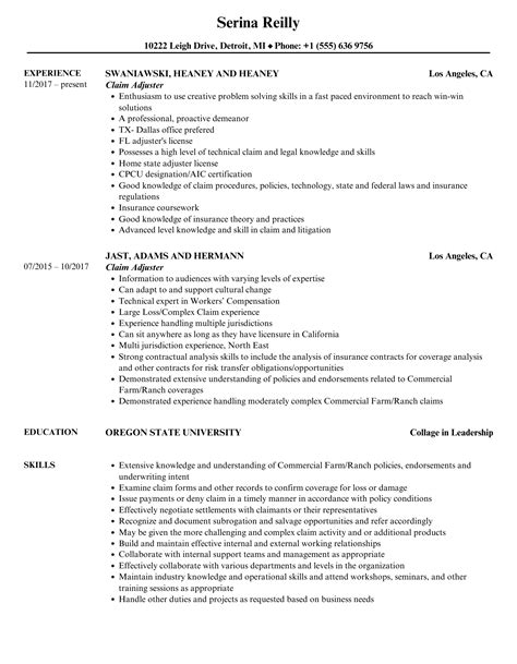 Claim Adjuster Resume Samples | Velvet Jobs