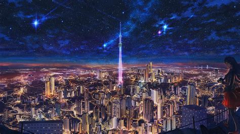 Download 3840x2160 Anime Cityscape Falling Stars Night Scenic Girl
