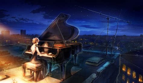 Anime Original Girl Night Pianist Piano Starry Sky Hd Wallpaper