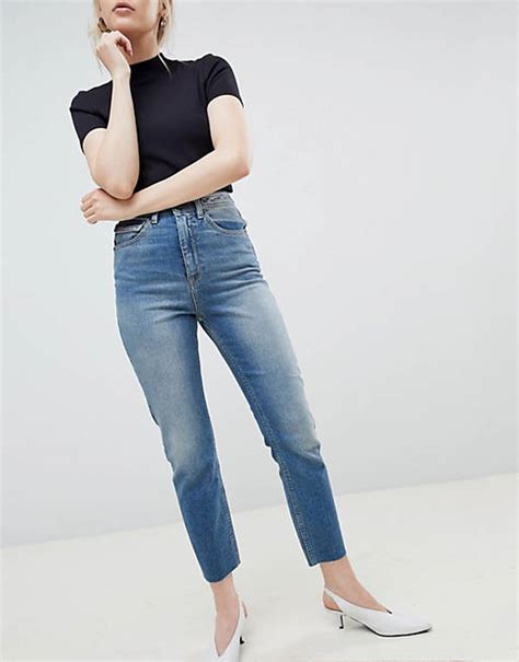 asos design farleigh high waist slim mom jeans in elliot extreme mid wash with sylvester styling