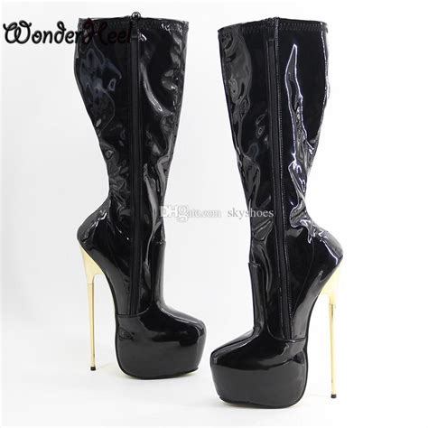 wonderheel hot appr 22cm heel ultra high heel patent leather women knee high boots sexy fetish