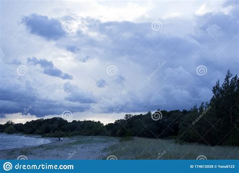 Blue Sky Cloudy Landscape Thunder On Sea Background Stock
