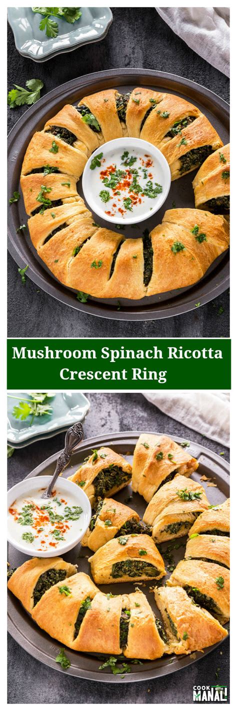 Start your meal off with healthy vegetarian appetizers that will please any crowd. Mushroom Spinach Ricotta Crescent Ring - Cook With Manali