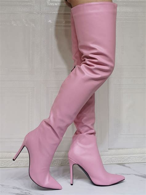 women over the knee boots plus size stiletto heel pu leather pink thigh high boots