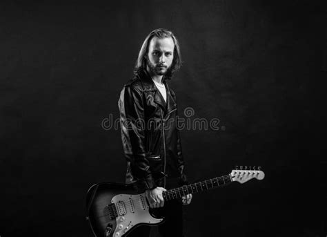 Music Festival Bearded Rocker In Leather Jacket Man Long Hair Play