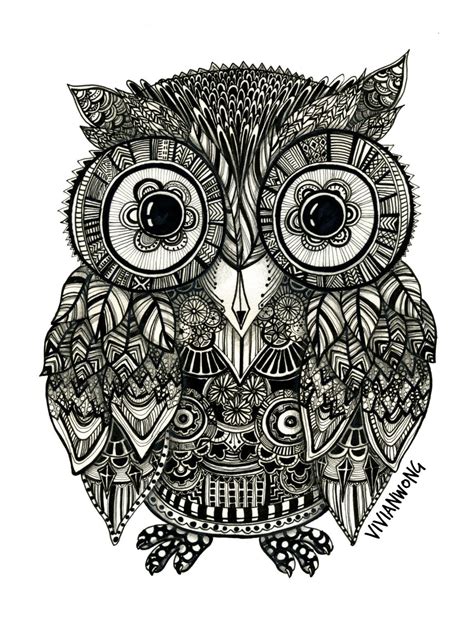 Zentangle Owl Fineliner Pen Drawing Handmade High Quality Print