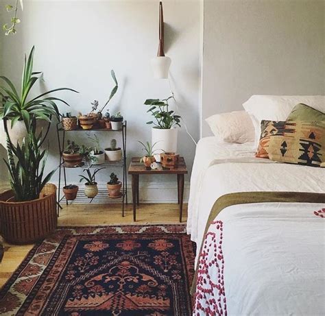 A Bedroom With Potted Plants On The Wall And A Rug In Front Of The Bed