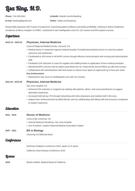 Medical Doctor Resume Examples And Tips Md Cv Template