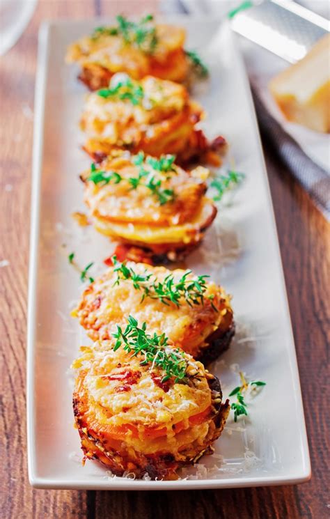 Potato And Sweet Potato Stacks With Caramelized Onions And Prosciutto