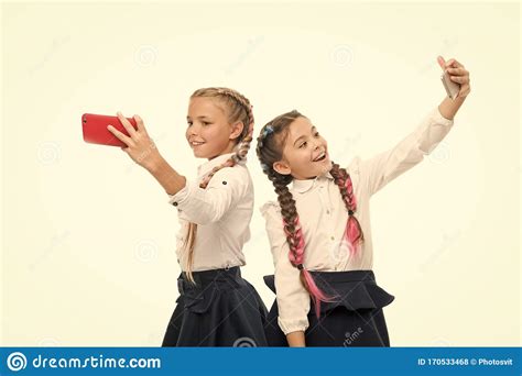 True Selfie Stars Happy Small Schoolgirls Taking Selfie With