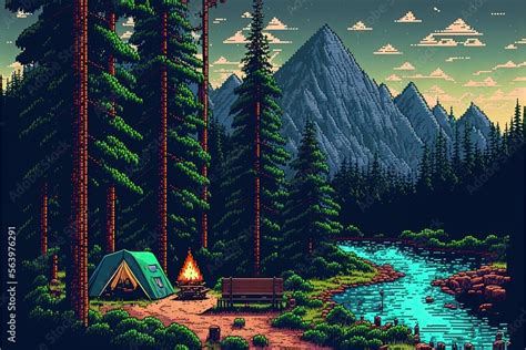 Pixel Art Camping With Tents And Bonfires Camping In The Forest With