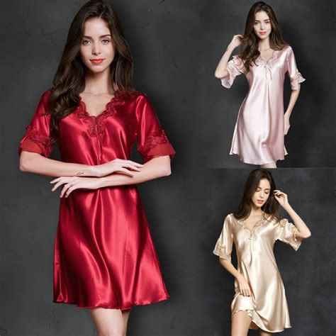 6 Color Women Short Sleeve Nightdress Lace Sexy Silk Satin Night Gown