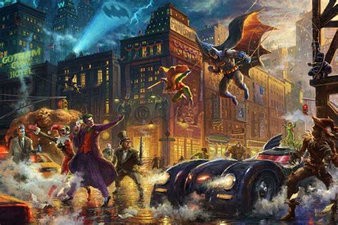 Thomas Kinkade Dc Comics The Dark Knight Saves Gotham City Giclee On