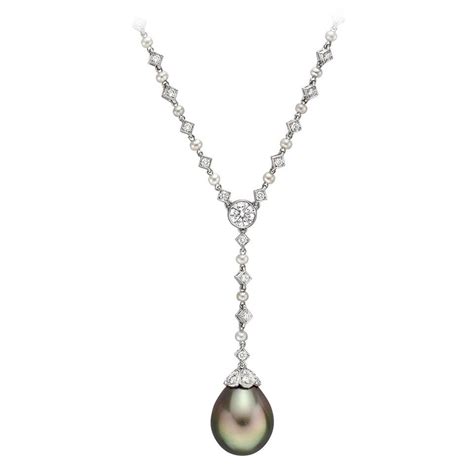 Tiffany And Co Pearl Diamond Y Chain Necklace With Tahitian Pearl Drop