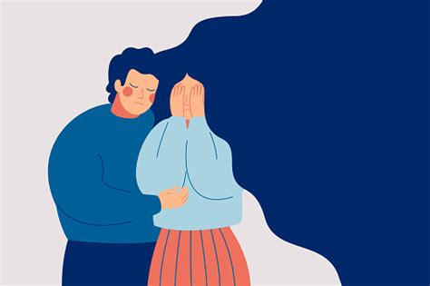 Wanita Depresi Menutupi Wajah Dengan Tangan Dan Suaminya Menghibur Dan Peduli Padanya Ilustrasi