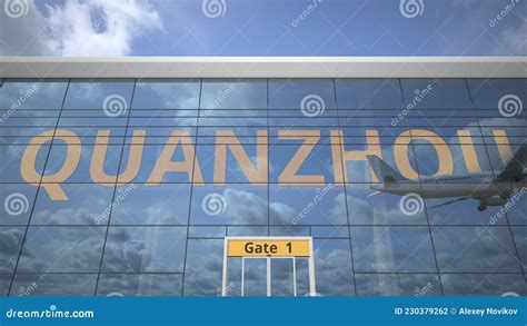 Quanzhou City Name And Landing Plane At Modern Airport 3d Rendering