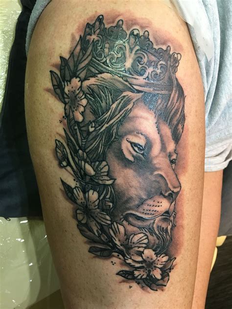 Lion Crown And Flower Tattoo On My Thigh Tattoos Flower Tattoo