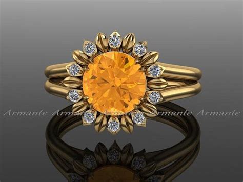 Sunflower Ring Yellow Gold Citrine Gemstone And Diamond Flower Ring Etsy Fashion Rings