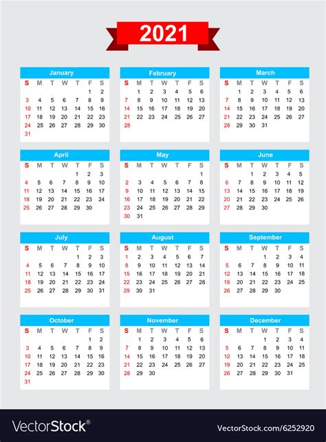 2021 Calendar Week Start Sunday Royalty Free Vector Image