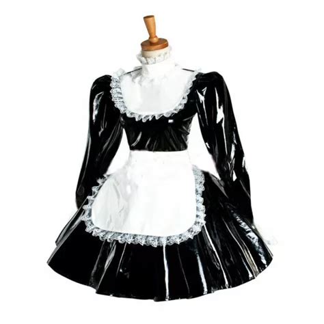 Sissy Maid Girl Lockable Black Pvc Long Sleeve Dress Cosplay Costume