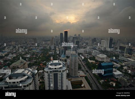 Aerial View Of The Bangkoks Skyline In A Hazy Day At Sunset During