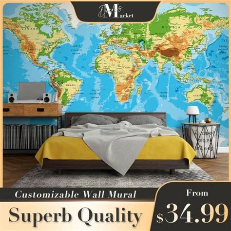 World Map Maps World Map 3d Wall Mural Bedroom Designer Wallpaper