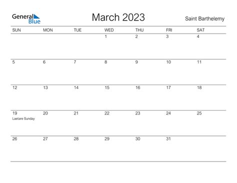 Saint Barthelemy March 2023 Calendar With Holidays