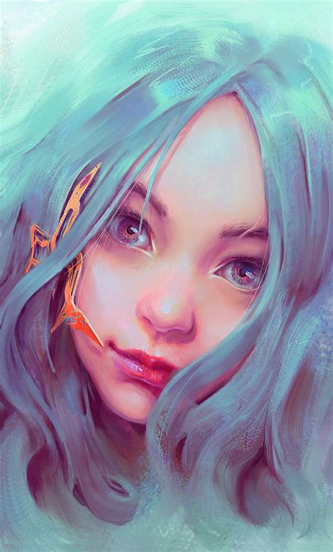 Digital Painting Digital Art Face Women Cyan Red Lipstick Anime