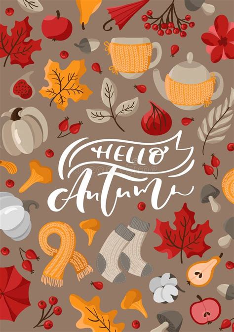 Hello Autumn Vector Calligraphy Lettering Text Cute Autumn Greeting