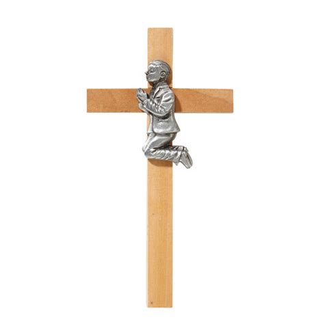 First Communion Boy Cross 6 Inches Oak And Pewter