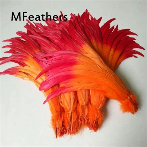 Wholesale 100pcslot Rooster Tails Feather Red Tips With Orange Bottom Two Tone Dyed Chicken