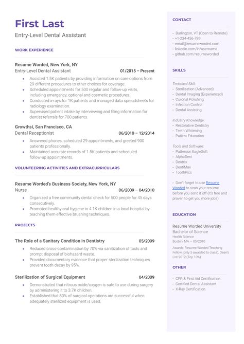 dental assistant resume sample entry level