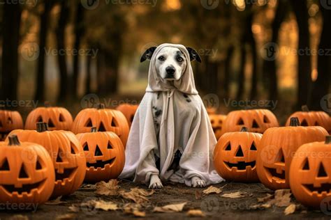 Dog Wearing A Ghost Costume Sitting Between Pumpkins For Halloween In