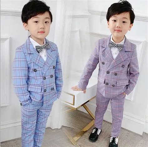 Summer Kids Boys Formal Plaid Suits Blazers Sets Clear Gentleman Kids