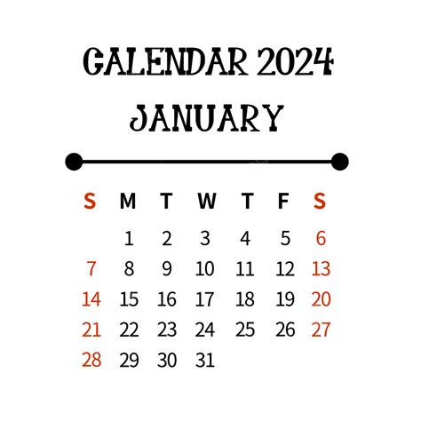 Ocak 2024 Takvimi Basit Siyah 2024 Ocak Ayı Aylık Takvim PNG Resim