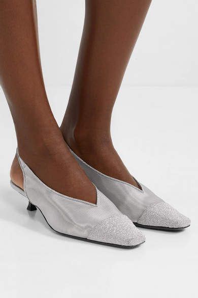 By Far Kendall Glittered Leather Trimmed Mesh Slingback Pumps Silver