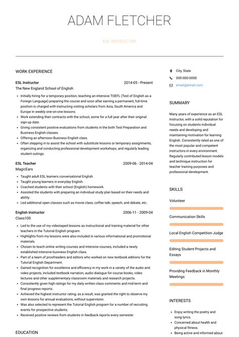 esl teacher resume samples  templates visualcv