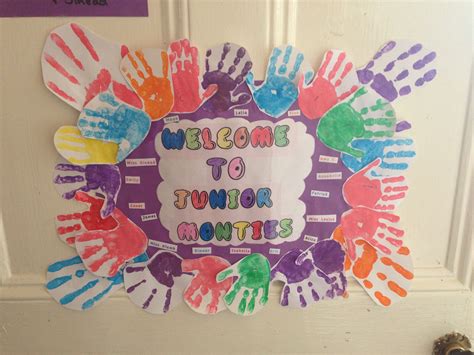 Welcome Sign With Childrens And Teachers Hand Prints Classroom