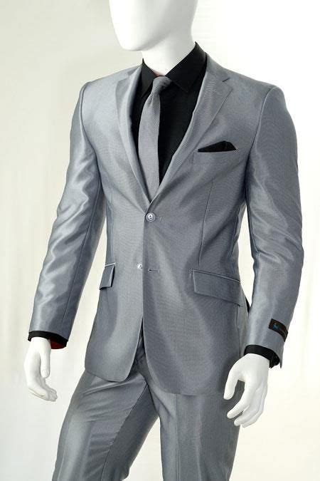 Men's one button slim fit suit 2pcs business british style blazer jacket pants l. Shiny silver gray slim fit suits for men. | Blue slim fit ...