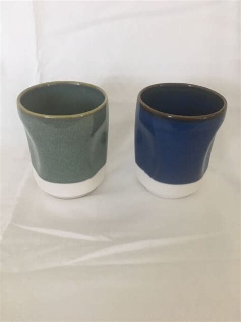 Set Of 2 Starbucks No Handle Coffee Mugs W Indented Grips Blue And Green